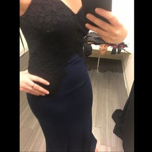 Navy and black lace, Calvin Klein gown